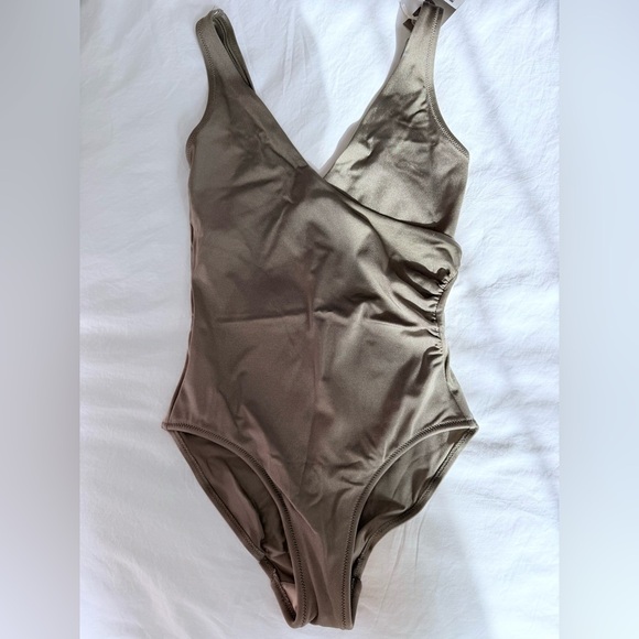 Pour Moi? Azure Tummy Control Swimsuit Shimmer Olive Green One Piece Wrap Front - Picture 8 of 14